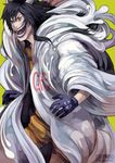  2013 black_hair caesar_clown clothes_writing coat gas gloves grin horns long_hair male_focus one_piece open_clothes open_coat signature smile solo supario yellow_background yellow_eyes 