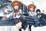  akatsuki_(kantai_collection) black_hair brown_eyes brown_hair cannon fang folded_ponytail green_eyes grey_eyes hibiki_(kantai_collection) ikazuchi_(kantai_collection) inazuma_(kantai_collection) kantai_collection long_sleeves looking_at_viewer multiple_girls nanaroku_(fortress76) neckerchief open_mouth outstretched_arms pantyhose red_neckwear school_uniform serafuku shirt silver_hair skirt smile 