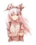  arm_grab bandaid blood bloody_clothes bloody_hands bow fujiwara_no_mokou hair_bow long_hair long_sleeves looking_at_viewer red_eyes shirt shuzi silver_hair smirk solo suspenders touhou white_background wind 