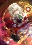  3_jiao_xian_er apron braid clock crossed_arms gears glowing glowing_eyes highres izayoi_sakuya knife maid maid_apron maid_headdress pocket_watch ribbon roman_numerals silver_hair solo spilling tea touhou twin_braids watch weapon 