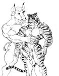  anthro balls biceps big_muscles big_penis body_markings bovine cattle chest_tuft duo erection feline fur gay gripping grope hair holding horn humanoid_penis interspecies male mammal markings muscles nipples nude pecs penis plain_background pose presenting sheath stripes sudonym tiger tuft vein 