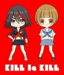  bad_id bad_pixiv_id blue_sailor_collar blue_skirt brown_hair chibi imo_(npi) kill_la_kill mankanshoku_mako matoi_ryuuko multicolored_hair multiple_girls sailor_collar school_uniform senketsu serafuku skirt smile streaked_hair two-tone_hair 