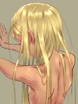  back blonde_hair dark_skin dokiyuri flat_chest from_behind green_background highres idolmaster idolmaster_cinderella_girls layla_(idolmaster) long_hair nape nude simple_background solo 