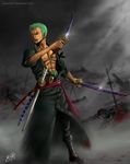  abs after_battle battlefield blood blood_from_mouth blood_on_face death dual_wielding earrings green_hair highres holding jeannette11 jewelry katana male_focus one-eyed one_piece roronoa_zoro scar sheath sheathed short_hair signature solo_focus sword watermark weapon web_address 