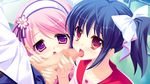  16:9 1boy 2girls blue_hair blush censored collarbone double_fellatio fellatio game_cg group_sex hasegawa_yukino iinazuke_wa_imouto-sama! long_hair multiple_fellatio multiple_girls oral penis pink_hair purple_eyes red_eyes sex teamwork usami_haruka_(iinazuke_wa_imouto-sama!) usami_yuuna 