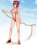  aoshima areola_slip areolae breasts full_body hair_bobbles hair_ornament highres large_breasts onozuka_komachi platform_footwear platform_heels red_eyes red_hair scythe short_hair slingshot_swimsuit solo standing swimsuit touhou two_side_up wedge_heels 