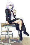  alternate_hair_length alternate_hairstyle bangs bare_legs blue_eyes boots breasts card cardfight!!_vanguard crossed_legs desk hair_between_eyes jacket lavender_hair legs long_skirt nakatani_nio on_desk school_desk short_hair side_slit sitting sitting_on_desk skirt small_breasts solo tokura_misaki 