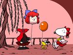  balloon bird bow cape chamupei charles_schulz_(style) cosplay disembodied_head hair_bow hair_tubes hakurei_reimu hakurei_reimu_(cosplay) hat kirisame_marisa kirisame_marisa_(cosplay) peanuts red_hair sekibanki shirt skirt snoopy touhou tree witch_hat woodstock 