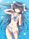  bikini black_hair blue_eyes bow flower frilled_bikini frills hair_bow highres long_hair lying md5_mismatch original rose solo swimsuit tokoaoki very_long_hair water white_flower white_rose 