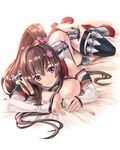  blush breasts brown_hair cherry_blossoms flower hair_flower hair_ornament kantai_collection large_breasts long_hair looking_at_viewer lying on_side panties petals ponytail purple_eyes red_panties smile solo tetrapod_(youhei_1985) thighhighs underwear very_long_hair yamato_(kantai_collection) 