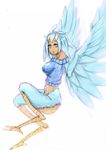  blue_eyes blue_hair breasts female hair harpy hi_res inutokage looking_at_viewer monster monster_girl open_mouth original plain_background simple_background sky solo talons white_background wings 