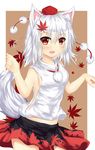  animal_ears bare_arms blush breasts fang hair_ornament hand_up hat inubashiri_momiji leaf leaf_hair_ornament leaf_print looking_at_viewer maple_leaf midriff mikagemaru_(mikage000) open_mouth pom_pom_(clothes) red_eyes shirt short_hair sideboob skirt sleeveless sleeveless_shirt small_breasts solo tail tan_background tokin_hat touhou white_hair wolf_ears wolf_tail 