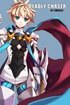  aqua_eyes armor artist_name bad_id bad_pixiv_id blonde_hair blue_background brown_hair cape chung_seiker deadly_chaser_(elsword) elsword gloves highres male_focus messy_hair multicolored_hair solo swd3e2 symbol-shaped_pupils two-tone_hair 