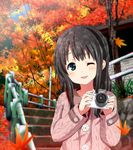  autumn bad_id bad_pixiv_id bamboo black_hair blue_eyes blush camera leaf long_hair looking_at_viewer maple_leaf one_eye_closed open_mouth original ragho_no_erika railing smile solo stairs tree tree_shade upper_body 