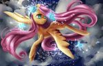  absurd_res arthropod butterfly cloud clouds cutie_mark cyan_eyes female feral fluttershy_(mlp) flying friendship_is_magic fur hair hi_res insect moon my-magic-dream my_little_pony night outside pink_hair solo sparkles yellow_fur 