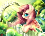  absurd_res aquagalaxy blush bubble bubbles cherry cyan_eyes equine feathers female feral fluttershy_(mlp) friendship_is_magic fur hair hi_res horse long_hair mammal my_little_pony nature outside pegasus pony solo sun tree wings yellow_fur 