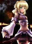  absurdres arm_warmers blonde_hair blouse expressionless glowing glowing_eyes highres looking_at_viewer midriff mizuhashi_parsee morimura_mizuki navel path pointy_ears ponytail road short_hair short_sleeves skirt solo stone_lantern touhou tree 