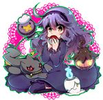  banette dress drifloom ghost hair hex_maniac human litwick nintendo pok&eacute;ball pok&eacute;mon pumpkaboo purple_hair spirit thigh_highs video_games 