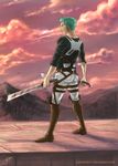  bird boots cloud dual_wielding earrings green_hair highres holding jeannette11 jewelry male_focus one-eyed one_piece parody roronoa_zoro scar shingeki_no_kyojin signature solo sword thigh_strap watermark weapon web_address 