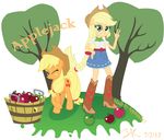  anthrofied apple applejack_(eg) applejack_(mlp) applejackv3 belt blonde_hair boots bucket clothed clothing cowboy_boots cowboy_hat cutie_mark denim_skirt duo eating english_text equestria_girls equine female freckles friendship_is_magic fruit fur green_eyes hair hat horse mammal my_little_pony one_eye_closed orange_fur orange_skin plain_background pony size_difference skirt smile square_crossover standing teeth text tree v_sign white_background wink 