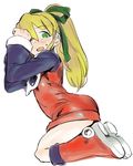  blonde_hair blush boots dress green_eyes hair_ribbon knee_boots kusada long_hair ponytail red_skirt ribbon ringed_eyes rockman rockman_(classic) roll short_dress skirt solo sweatdrop 