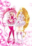  blonde_hair blue_eyes blush boots bow choker cure_melody cure_rhythm dress eunos frills green_eyes hand_on_hip heart houjou_hibiki long_hair magical_girl midriff minamino_kanade multiple_girls open_mouth pink_bow pink_choker pink_hair precure ribbon skirt smile suite_precure thighhighs twintails two_side_up white_choker 