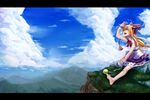  barefoot bow cliff cloud day giantess hair_bow horn_ribbon horns ibuki_suika long_hair minami_koyogi mountain open_mouth orange_hair red_eyes ribbon scenery sitting sitting_on_rock skirt sky sleeveless touhou 