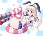  :o black_panties blonde_hair blush breasts crop_top crop_top_overhang elbow_gloves gloves hairband hiiragi_tomoka innertube kantai_collection long_hair looking_at_viewer medium_breasts navel panties shimakaze_(kantai_collection) skirt solo striped striped_legwear thighhighs underboob underwear 