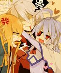  3boys ^_^ ahoge anger_vein bad_id bad_pixiv_id blazblue blonde_hair blood closed_eyes eyepatch hazama heart hug jin_kisaragi mizuki_(pakuchoi13) multiple_boys nu-13 ragna_the_bloodedge skeleton skull yuuki_terumi 