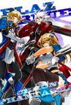  2boys bad_id bad_pixiv_id black_pants blazblue blonde_hair blue_footwear bolverk boots green_eyes gun handgun heterochromia jin_kisaragi katana multiple_boys noel_vermillion pants ragna_the_bloodedge shama silver_hair sword weapon yukianesa 