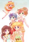  aino_minako apple bag bishoujo_senshi_sailor_moon black_hair blonde_hair blue_eyes blue_hair bow bread brown_hair double_bun earrings food fruit green_eyes hair_bobbles hair_bow hair_ornament hino_rei jewelry kino_makoto mizuno_ami multiple_girls open_mouth pamphlet ponytail purple_eyes reading red_bow shoulder_bag simple_background sora_(pikasora) sweat tripping tsukino_usagi twintails younger 