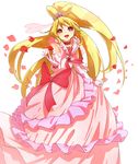  aida_mana blonde_hair bow brooch byurin choker cure_heart cure_heart_engage_mode curly_hair dokidoki!_precure dress earrings frills full_body gloves hair_ornament hairpin half_updo heart heart_hair_ornament highres huge_bow jewelry long_hair magical_girl petals pink_bow pink_dress pink_eyes ponytail precure ribbon smile solo white_background 