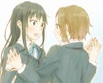  akiyama_mio black_hair brown_hair holding_hands k-on! long_hair looking_at_another multiple_girls oke_(okeya) sakuragaoka_high_school_uniform school_uniform short_hair tainaka_ritsu 