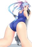  blue_hair breasts hair_ornament haseneko highres i-19_(kantai_collection) kantai_collection large_breasts long_hair multicolored_hair one-piece_swimsuit red_eyes ribbon school_swimsuit solo swimsuit symbol-shaped_pupils torpedo twintails 