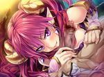  1girl armodias blush breasts censored demon_girl demon_horns ear_ornament elbow_gloves game_cg gloves grimoire_no_shisho horns long_hair marushin_(denwa0214) penis pink_hair pointy_ears purple_eyes scarf succubus 