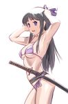  armpits arms_up bikini black_hair bow breasts hair_bow katana long_hair medium_breasts purple_eyes ryuuzouji_akane sheath sheathed solo swimsuit sword ueyama_michirou underboob walkure_romanze weapon 