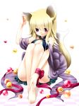  animal_ears barefoot blonde_hair breasts cleavage eten_(faddish) full_body highres legs long_hair medium_breasts original purple_eyes ribbon simple_background skirt smile solo tail white_background wrist_ribbon 