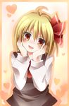 ahoge blonde_hair blouse blush fang hair_ribbon hands_on_own_cheeks hands_on_own_face head_tilt heart heart_background looking_at_viewer orange_eyes ribbon rumia short_hair simple_background smile tamichan touhou vest 