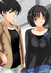  amagami black_hair blush brown_eyes cardigan casual jacket light_smile multiple_girls murasaki_iro nanasaki_ai one_eye_closed ponytail tsukahara_hibiki 