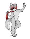  breasts canine ear_piercing female fur grey_fur grey_hair hair kwik mammal necktie no_nipples nude piercing red_hair solo 