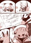  bangs blunt_bangs blush comic fingerless_gloves gloves hair_ribbon highres kantai_collection long_hair monochrome murakumo_(kantai_collection) nananana_nanana pencil ribbon school_uniform serafuku solo translated tsundere writing 