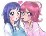  2girls aida_mana blue_eyes blue_hair blush couple dated dokidoki!_precure food grin half_updo hishikawa_rikka long_hair looking_at_viewer mouth_hold multiple_girls open_mouth pink_eyes pink_hair pocky pocky_kiss precure shared_food short_hair sketch smile warehamonokaki yuri 