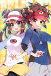  1girl aqua_eyes brown_eyes brown_hair double_bun fang highres kyouhei_(pokemon) long_hair looking_at_viewer mei_(pokemon) open_mouth pantyhose pokemon pokemon_(game) pokemon_bw2 raglan_sleeves short_hair shorts star star-shaped_pupils symbol-shaped_pupils takashino_(noni-nani) twintails visor_cap 