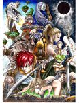  4boys absurdres all_fours arm_cannon armlet armor ayla_(chrono_trigger) bandana bandeau bangle belt blonde_hair blue_eyes bowler_hat bracelet breastplate breasts building cane cape choker chrono_trigger cleavage closed_eyes crono earrings eclipse epoch everyone facial_hair fighting_stance fingerless_gloves floating_island formal frog fur gaspar glasses gloves green_eyes gun hair_over_one_eye hat helmet highres jewelry kaeru_(chrono_trigger) katana lamppost large_breasts long_hair long_sleeves lucca_ashtear magus marker_(medium) marle multiple_boys multiple_girls mustache necklace necktie pointy_ears ponytail pouch praying purple_hair red_eyes red_hair robo robot short_hair silver_hair sky slit_pupils snow solar_eclipse star_(sky) starry_sky suit sword tail takumi_(marlboro) time_machine traditional_media tree vambraces wasteland water waterfall weapon white_hair white_skin yellow_sclera 