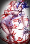  1girl allison_chan bandages banned_artist blood blue_hair breasts catheter choker dress dual_wielding eyepatch hair_over_one_eye half_updo hat holding large_breasts nurse nurse_cap red_cross red_eyes scalpel scissors short_dress skullgirls surgical_mask syringe thigh_strap valentine_(skullgirls) 