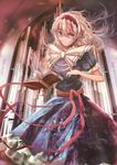  absurdres airbrush_(medium) alice_margatroid blonde_hair blue_dress blue_eyes book cape colored_pencil_(medium) dress floral_print grimoire grimoire_of_alice hairband highres instrument miada organ puffy_sleeves ribbon sash short_sleeves smile solo touhou traditional_media wind 