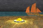  boat bonfire dirt dock fire hot light night no_humans ocean rock rope sail sand ship star_(sky) water watercraft wood 