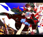  banchou banner baseball_bat blue_skirt blurry bowl_cut brown_eyes brown_hair clenched_hand crescent depth_of_field hat jacket kill_la_kill letterboxed mankanshoku_mako nail nail_bat reirou_(re16ko89) skirt sky solo spikes spoilers 