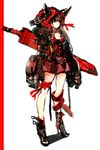  animal_hood breasts brown_hair cat_hood cleavage high_heels highres hood mechanical_arms medium_breasts red_eyes red_ribbon ribbon sheath sheathed simple_background skirt so-bin solo stiletto_heels sword thigh_ribbon weapon 