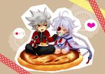  &gt;_&lt; 1girl :&gt; ahoge bad_id bad_pixiv_id blazblue cake closed_eyes feeding food heart heterochromia nu-13 pie ragna_the_bloodedge shama silver_hair 